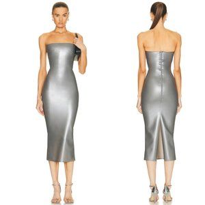 Miaou Lila Latex Midi Dress in Dark Grey Silver Metalic Strapless - Small